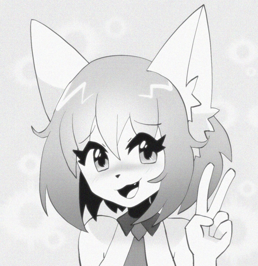 anthro big_ears black_nose blush bob_cut canid canine canis clothed clothing digital_media_(artwork) ear_tuft eyebrows fangs female female_anthro freetobegreene fur gesture greyscale hair hand_gesture headshot_portrait hi_res kemono looking_away mammal monochrome necktie open_mouth portrait simple_background solo teeth tuft v_sign white_body white_fur wolf wolfychu youtuber