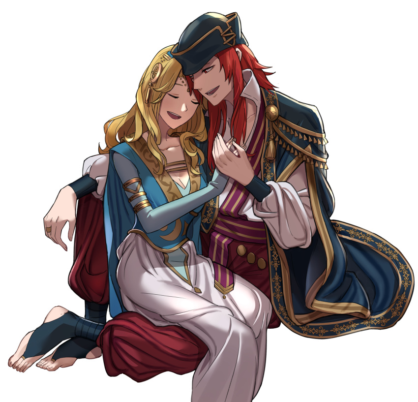 1boy absurdres arm_around_back blonde_hair blue_dress breasts cleavage closed_eyes couple dress ebinku female fire_emblem fire_emblem:_the_sacred_stones highres holding_hands husband_and_wife jewelry joshua_(fire_emblem) long_hair natasha_(fire_emblem) red_hair ring sitting sitting_on_lap sitting_on_person straight wedding_ring