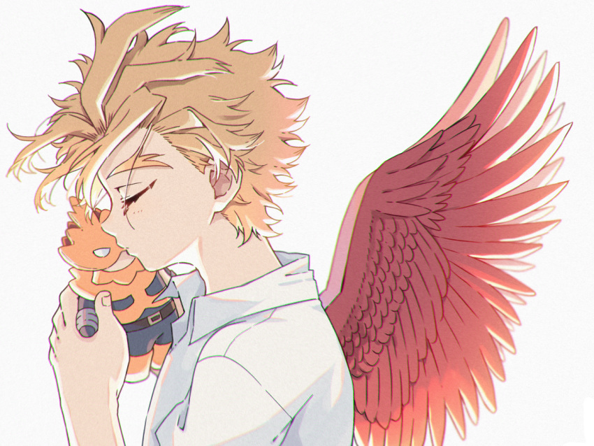 1boy aged_down blonde_hair boku_no_hero_academia character_doll closed_eyes collared_shirt doll endeavor_(boku_no_hero_academia) facial_mark feathered_wings feathers hawks_(boku_no_hero_academia) head_down holding holding_doll male_focus miso_(mimimiso) red_feathers shirt short_hair solo spread_wings white_background white_shirt wind wings