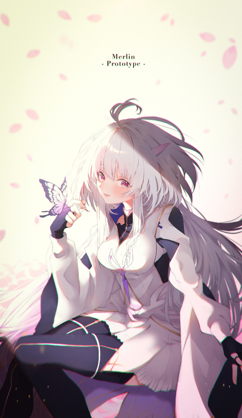 absurdres ahoge black_gloves black_pants breasts bug butterfly character_name english_text fate/grand_order fate/grand_order_arcade fate/prototype fate_(series) female fingerless_gloves gloves highres large_breasts long_hair long_sleeves looking_at_viewer merlin_(fate/prototype) merlin_(fate/prototype)_(second_ascension) open_mouth pants photoshop_(medium) purple_eyes robe sitting smile solo suna_co thighs very_long_hair white_hair white_robe wide_sleeves