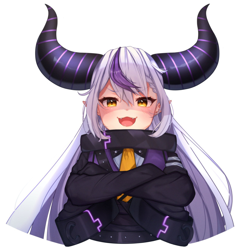 :3 :d ascot braid collar commentary_request cropped_torso crossed_arms demon_horns fangs female hair_between_eyes highres hololive horns la+_darknesss la+_darknesss_(1st_costume) long_hair looking_at_viewer metal_collar multicolored_hair pointy_ears sleeves_past_fingers sleeves_past_wrists smile solo streaked_hair striped_horns temari_maco upper_body v-shaped_eyebrows virtual_youtuber white_background yellow_ascot yellow_eyes