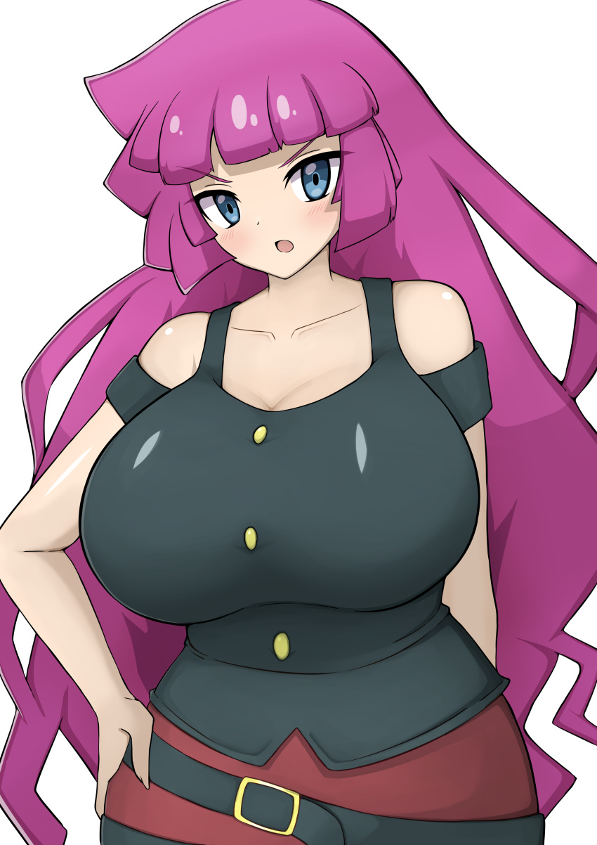 absurdres alternate_breast_size black_shirt blue_eyes blush breasts female hand_on_own_hip highres huge_breasts jaga334 kirishima_romin long_hair looking_at_viewer open_mouth purple_hair shirt sidelocks simple_background solo very_long_hair white_background yu-gi-oh! yu-gi-oh!_sevens