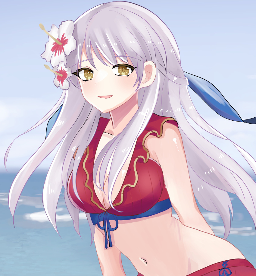 absurdres bare_shoulders bikini blue_background breasts cleavage collarbone female fire_emblem fire_emblem:_radiant_dawn fire_emblem_heroes flower grey_hair hair_flower hair_ornament hair_ribbon highres long_hair looking_at_viewer medium_breasts micaiah_(fire_emblem) micaiah_(summer)_(fire_emblem) n_54 navel ocean official_alternate_costume red_bikini ribbon smile solo swimsuit yellow_eyes