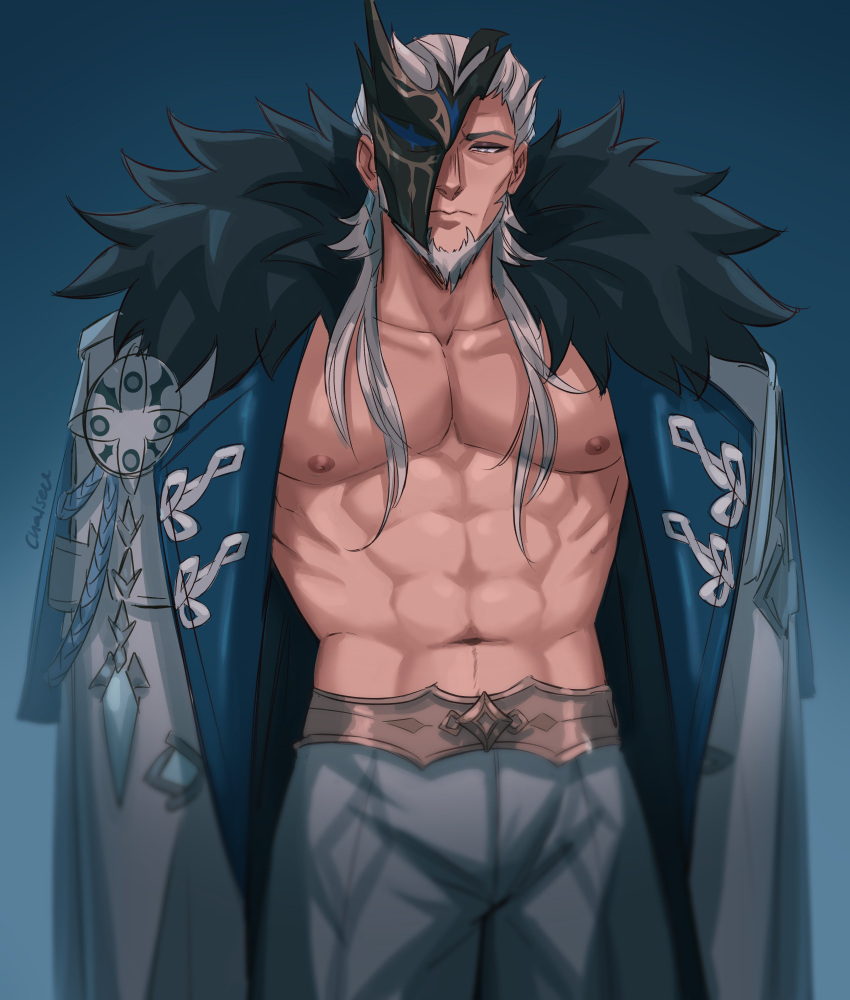 1boy abs absurdres bara bare_pectorals beard bulge chalseu closed_mouth coat english_commentary expressionless facial_hair feet_out_of_frame fur_trim genshin_impact half-closed_eyes half_mask highres large_pectorals long_hair looking_at_viewer male_focus mask mature_male muscular muscular_male navel nipples no_shirt open_clothes open_coat pectorals pierro_(genshin_impact) solo standing stomach white_hair