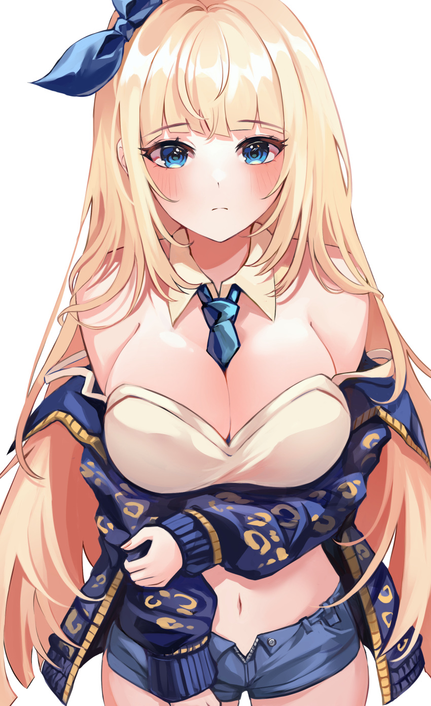 absurdres artist_request bare_shoulders between_breasts blonde_hair blue_eyes blue_jacket blue_shorts breasts camisole cankofi's_character cleavage closed_mouth commission cowboy_shot crop_top detached_collar dungeon_and_fighter female hair_ribbon highres jacket large_breasts long_hair long_sleeves looking_at_viewer micro_shorts midriff navel necktie necktie_between_breasts off_shoulder open_clothes open_fly open_jacket original ribbon second-party_source shirt short_shorts shorts sleeveless sleeveless_shirt solo spaghetti_strap stomach strap_slip very_long_hair yellow_shirt