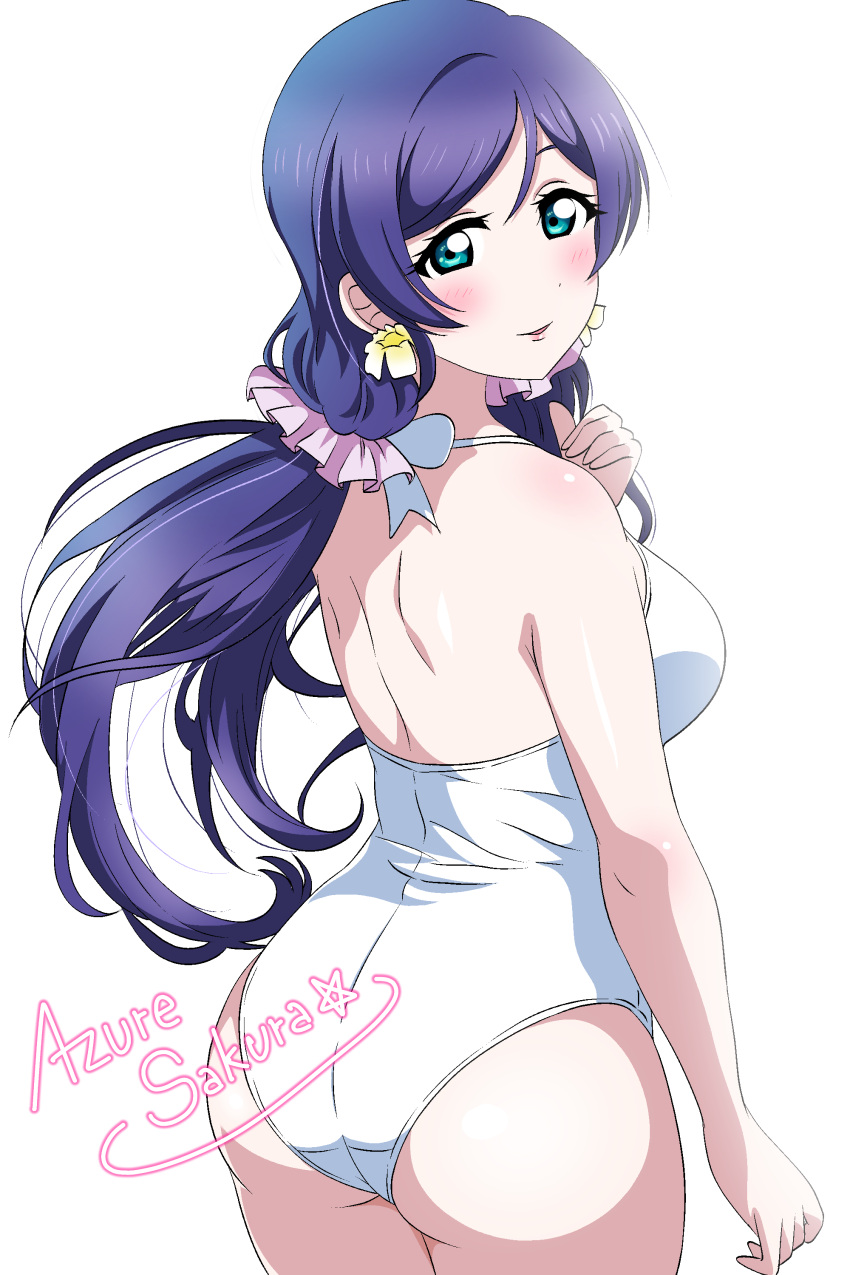 absurdres artist_name ass azuresakura blush breasts cowboy_shot female from_behind green_eyes hair_ornament hair_scrunchie highres large_breasts long_hair looking_at_viewer looking_back love_live! love_live!_school_idol_project low_twintails one-piece_swimsuit pink_scrunchie purple_hair scrunchie simple_background smile solo swimsuit tojo_nozomi twintails white_background white_one-piece_swimsuit