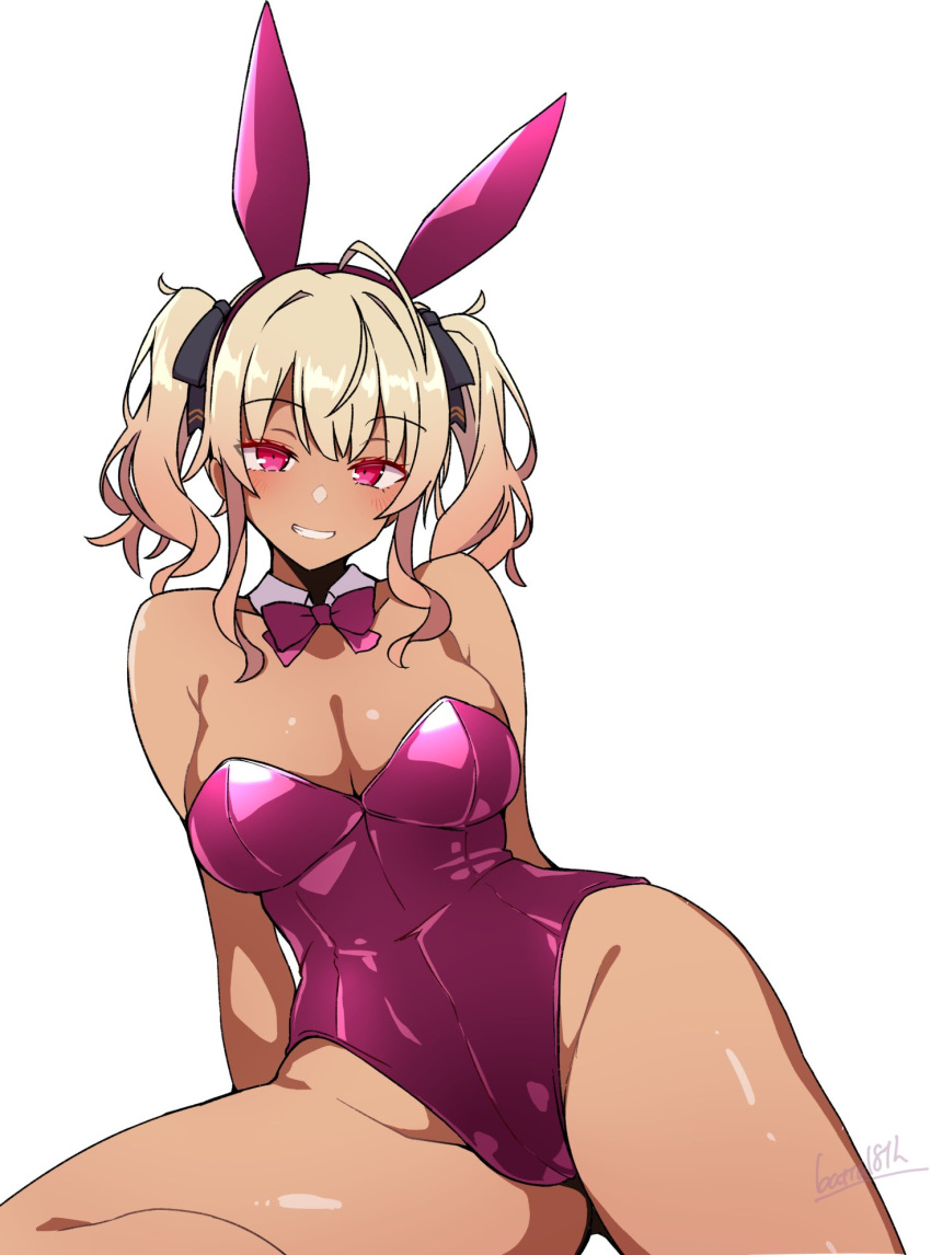 alternate_costume alternate_skin_color animal_ears arms_behind_back artist_name batta_16-sei blonde_hair blush bow bowtie commentary_request dark-skinned_female dark_skin detached_collar fake_animal_ears female highres leotard long_hair looking_at_viewer nijisanji pink_bow pink_bowtie pink_eyes pink_leotard rabbit_ears simple_background sitting smile solo strapless strapless_leotard takamiya_rion twintails virtual_youtuber white_background