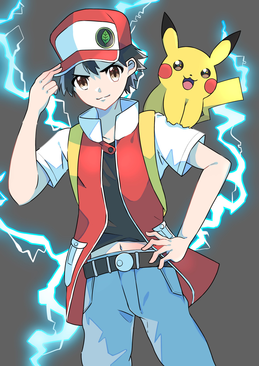 1boy absurdres belt belt_buckle black_hair black_shirt blue_pants brown_eyes buckle closed_mouth commentary_request electricity grey_background hand_on_headwear hand_on_own_hip hat highres jacket male_focus navel_peek pants pikachu pokemon pokemon_(creature) pokemon_on_arm pokemon_rgby red_(pokemon) red_hat shirt short_hair smile srsmgmg