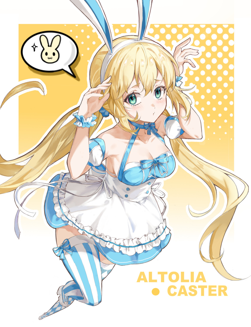 absurdres animal_ears animal_hood artoria_caster_(fate) artoria_caster_(swimsuit)_(fate) artoria_caster_(swimsuit)_(second_ascension)_(fate) artoria_pendragon_(fate) bare_shoulders blonde_hair blue_dress breasts character_name cleavage dress english_text engrish_text fake_animal_ears fate/grand_order fate_(series) female full_body green_eyes hands_up highres hood hookyourist long_hair looking_at_viewer rabbit_ears rabbit_hood ranguage scrunchie solo speech_bubble striped_clothes striped_thighhighs thighhighs twintails two-tone_background white_background white_dress white_footwear wrist_scrunchie yellow_background