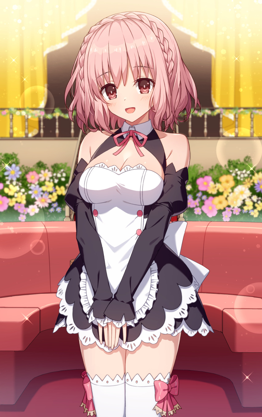 :d apron bare_shoulders black_dress black_sleeves blue_flower blurry blurry_background braid breasts cleavage commentary_request commission crown_braid date_a_live date_a_live:_rinne_utopia depth_of_field detached_sleeves dream_c_club dream_c_club_(series) dress female flower frilled_apron frills hair_between_eyes highres juliet_sleeves long_sleeves looking_at_viewer medium_breasts neck_ribbon pink_flower pink_hair pink_ribbon pixiv_commission puffy_sleeves railing red_eyes ribbon sleeves_past_wrists smile solo sonogami_rinne t@ke-g thighhighs white_apron white_flower white_thighhighs yellow_flower