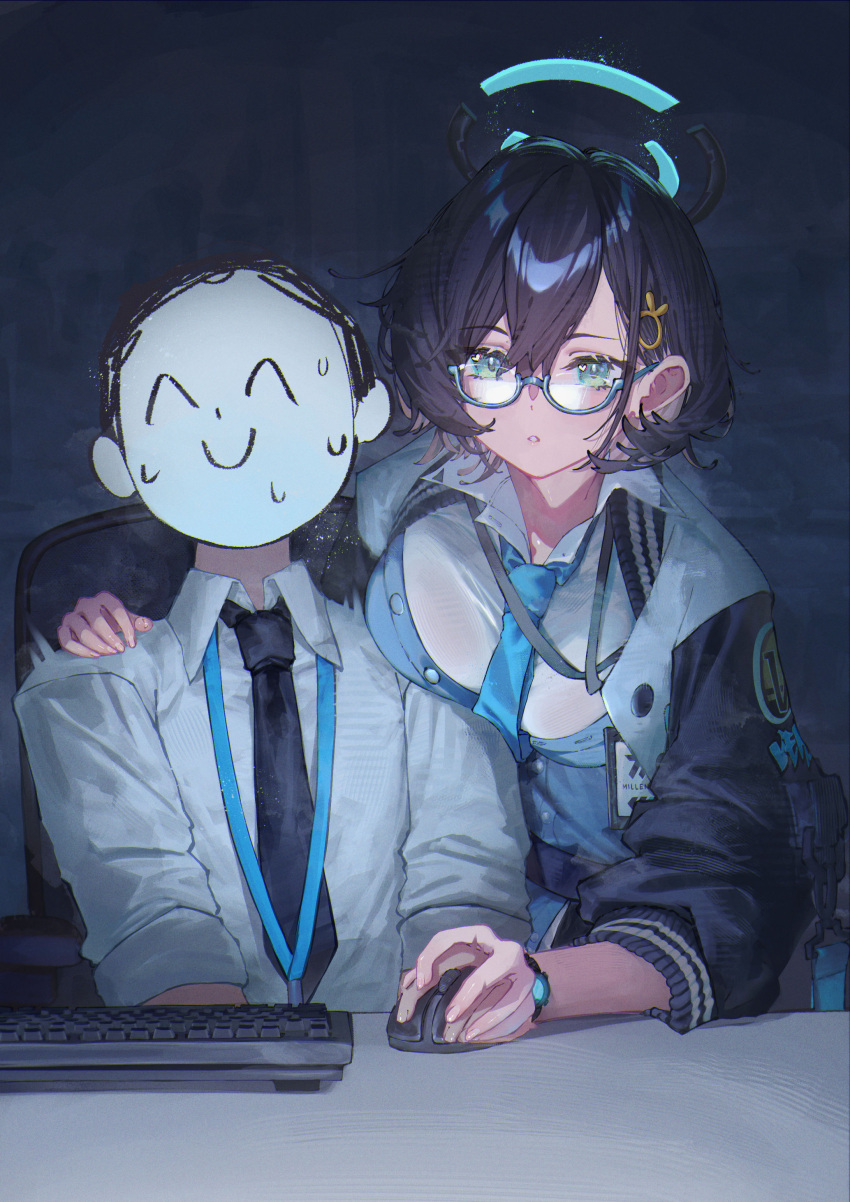 1boy absurdres betabeet black_hair black_jacket black_necktie blue-framed_eyewear blue_archive blue_cardigan breast_rest breasts cardigan chihiro_(blue_archive) computer_keyboard doodle_sensei_(blue_archive) female fingernails glasses halo hand_on_another's_shoulder hand_on_hand highres jacket lanyard large_breasts necktie nervous_sweating semi-rimless_eyewear sensei_(blue_archive) shirt short_hair straight sweat under-rim_eyewear watch white_shirt wristwatch