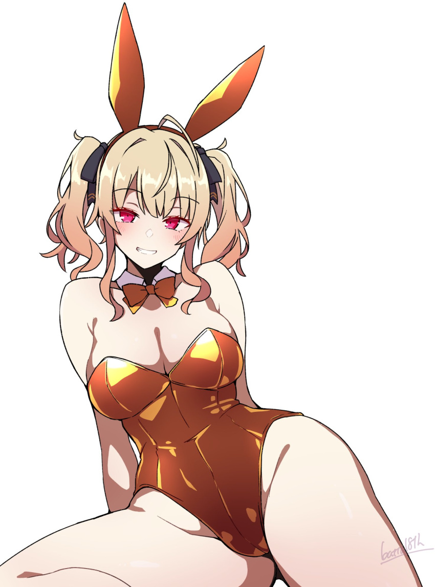 alternate_costume animal_ears arms_behind_back artist_name batta_16-sei blonde_hair blush bow bowtie commentary_request detached_collar fake_animal_ears female highres leotard long_hair looking_at_viewer nijisanji pink_eyes rabbit_ears simple_background sitting smile solo strapless strapless_leotard takamiya_rion twintails virtual_youtuber white_background yellow_bow yellow_bowtie yellow_leotard