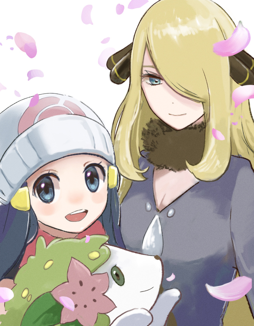 2girls beanie blonde_hair breasts cleavage closed_mouth commentary_request cynthia_(pokemon) dawn_(pokemon) falling_petals fur_collar hair_ornament hairclip hat highres long_hair looking_at_viewer multiple_girls open_mouth petals pokemon pokemon_(creature) pokemon_dppt ringosan2329 shaymin shaymin_(land) simple_background smile teeth upper_teeth_only white_background white_hat