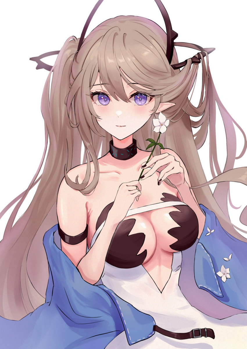 aoi_tooru arknights black_choker black_nails breasts brown_hair choker dress female flower highres holding holding_flower indigo_(arknights) long_hair looking_at_viewer medium_breasts nail_polish pointy_ears purple_eyes solo upper_body white_background white_dress white_flower