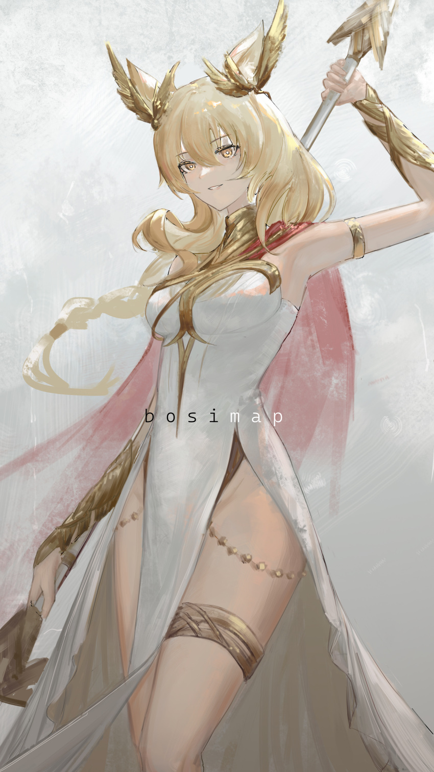 absurdres animal_ears arknights arm_up armlet armpits artist_name bare_shoulders blonde_hair bosimap bracelet chinese_commentary commentary_request cowboy_shot dress female gold gold_armlet gold_bracelet gold_thighlet grey_background groin hair_between_eyes hair_ornament highres jewelry long_dress long_hair looking_at_viewer nearl_(arknights) pelvic_curtain side_slit smile solo standing thighlet watermark white_dress yellow_eyes