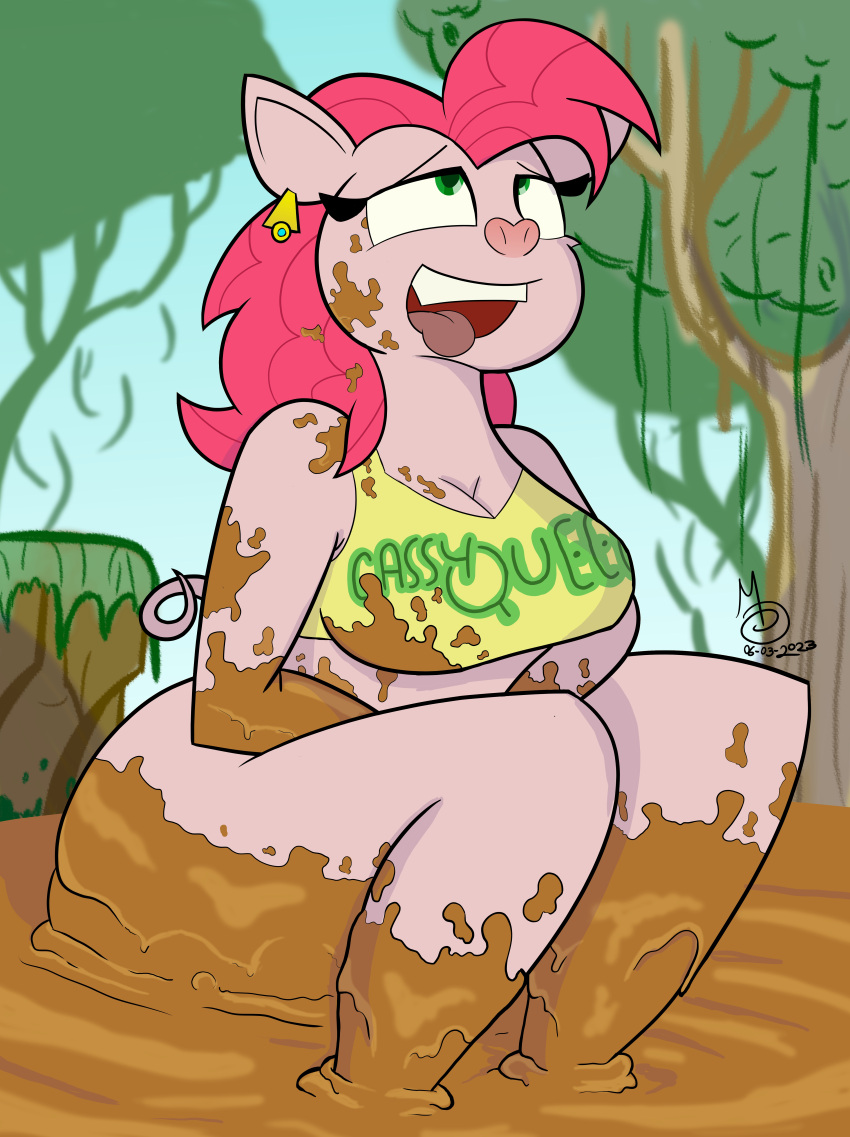 absurd_res anthro big_breasts breasts cleavage clothed clothing digital_media_(artwork) domestic_pig ear_piercing ear_ring female green_eyes hair hi_res mammal messy mud mud_pit open_mouth outside piercing plant red_hair ring_piercing sebaku shirt slightly_chubby slightly_chubby_female smile solo suid suina sus_(pig) swamp t-shirt tail thick_thighs tongue tongue_out topwear vines wam