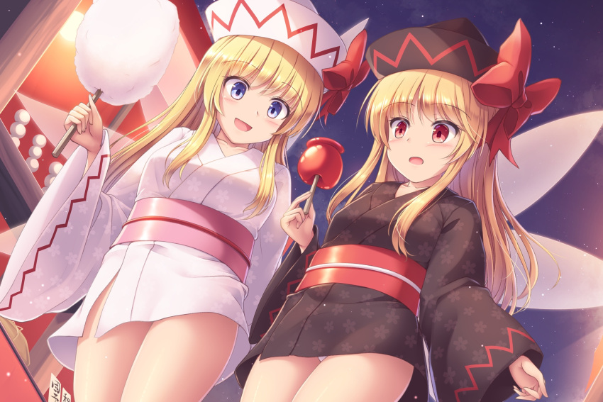 2girls black_hat black_kimono blonde_hair blue_eyes blush breasts candy_apple cotton_candy fairy fairy_wings festival food hat highres japanese_clothes kimono lily_black lily_white looking_at_viewer lzh multiple_girls open_mouth outdoors panties pantyshot red_eyes red_sash sash short_kimono small_breasts smile touhou underwear white_hat white_kimono white_panties wide_sleeves wings