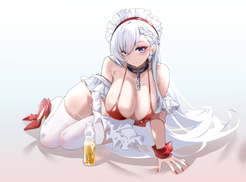 absurdres apron arm_under_breasts azur_lane bare_shoulders belfast_(azur_lane) belfast_(blissful_service)_(azur_lane) bikini breasts chain_around_neck chains cleavage ct.ender female full_body glass_bottle high_heels highres large_breasts long_hair looking_at_viewer maid_headdress nail_polish off_shoulder official_alternate_costume red_bikini red_footwear red_nails red_wrist_cuffs seiza shoes sitting smile solo swimsuit thighhighs unworn_shoes white_apron white_hair white_headdress white_thighhighs wrist_cuffs