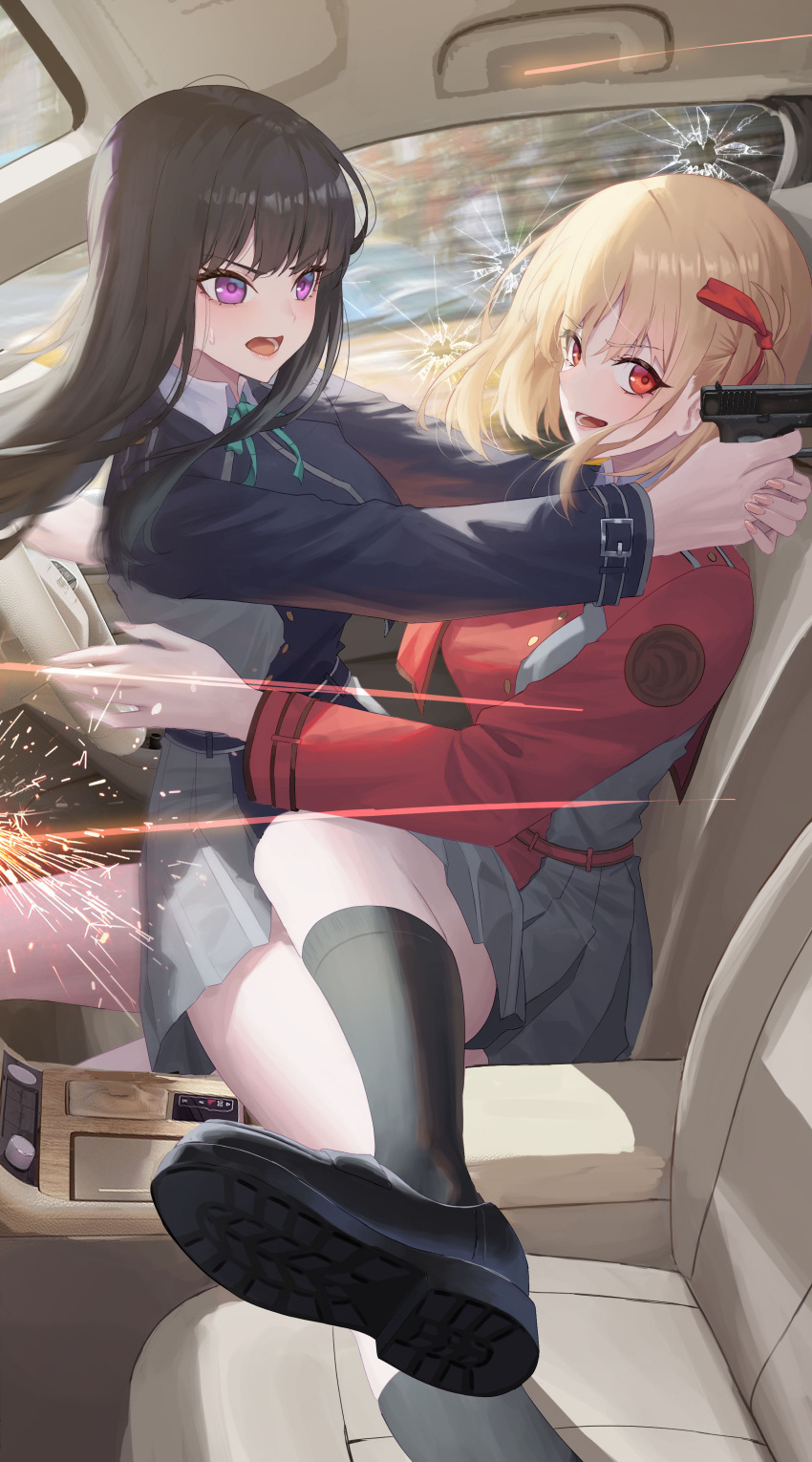 2girls absurdres black_footwear black_hair black_socks blonde_hair blue_shirt blush bullet_hole car_interior collared_shirt commentary_request from_side glock grey_skirt gun hair_ribbon handgun highres holding holding_gun holding_weapon inoue_takina long_hair looking_ahead looking_at_viewer lycoris_recoil multiple_girls nishikigi_chisato open_mouth purple_eyes red_eyes red_ribbon red_shirt ribbon school_uniform shirt short_hair skirt socks sweatdrop weapon xian_shui_chang_chong