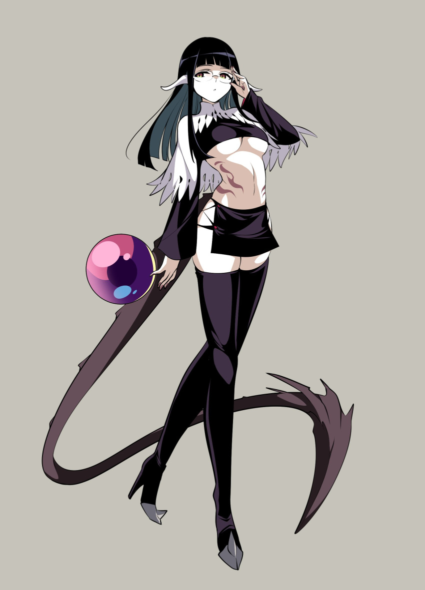 absurdres adjusting_eyewear black_hair body_markings boots breasts demon_girl demon_horns demon_tail female glasses high_heel_boots high_heels highres horns ishiyumi long_hair long_sleeves ma_no_mono-tachi simple_background solo spiked_tail tail thigh_boots underboob