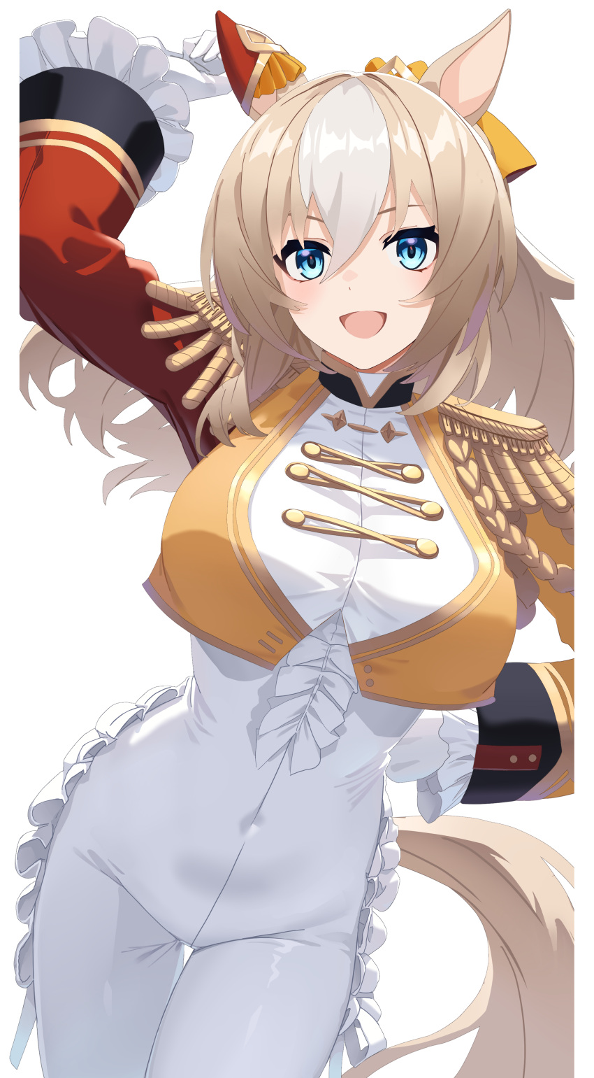 absurdres animal_ears arm_behind_back arm_up asymmetrical_sleeves blonde_hair blue_eyes bodysuit breasts buttons center_frills commentary_request covered_navel double-breasted durandal_(umamusume) ear_covers epaulettes female frilled_sleeves frills gloves highres horse_ears horse_girl horse_tail large_breasts long_hair long_sleeves looking_at_viewer mismatched_sleeves multicolored_hair open_mouth ponytail reibun_(raven1119) simple_background single_ear_cover smile solo tail two-tone_hair umamusume white_background white_bodysuit white_gloves white_hair wide_sleeves