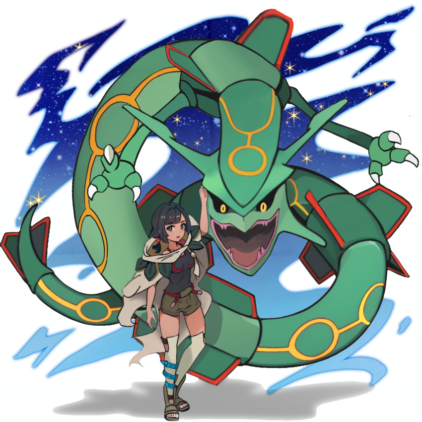 absurdres arm_up black_hair black_shirt cape claws commentary_request dragon eastern_dragon eyelashes female gorakugoten highres looking_at_viewer open_mouth over-kneehighs pokemon pokemon_(creature) pokemon_oras rayquaza rope_belt shirt shorts sleeveless sleeveless_shirt standing thighhighs toeless_footwear zinnia_(pokemon)