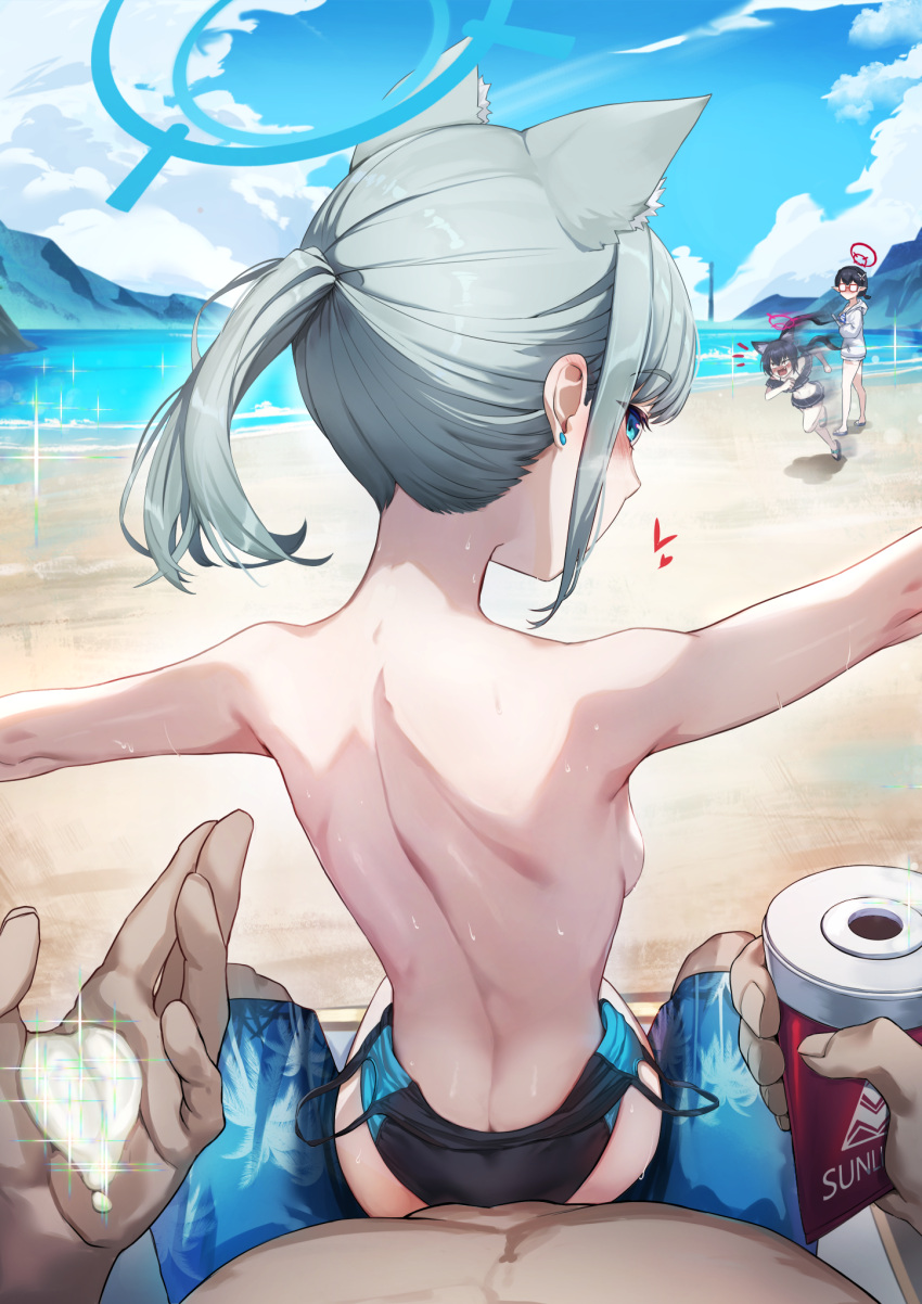 1boy 3girls animal_ears applying_sunscreen ayane_(blue_archive) ayane_(swimsuit)_(blue_archive) back bare_back beach bikini black_bikini blue_archive blue_eyes blue_sky blush breasts day frilled_bikini frills from_behind glasses grey_hair halo highres looking_at_viewer looking_back lotion male_swimwear multicolored_clothes multicolored_swimsuit multiple_girls ocean off-shoulder_bikini off_shoulder official_alternate_costume one-piece_swimsuit outdoors ponytail rui_rubellent sand serika_(blue_archive) serika_(swimsuit)_(blue_archive) shiroko_(blue_archive) shiroko_(swimsuit)_(blue_archive) short_hair shorts sitting sky solo_focus straight sunscreen swim_trunks swimsuit topless water wolf_ears