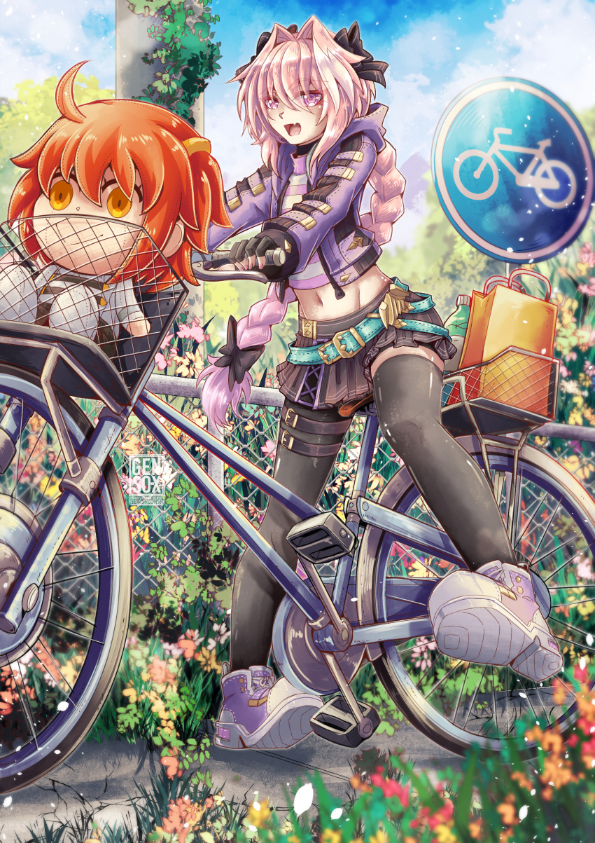 1boy absurdres adapted_costume ahoge aqua_belt artist_logo astolfo_(fate) astolfo_(memories_at_trifas)_(fate) bag bicycle black_bow black_gloves black_pantyhose black_skirt bow braid character_doll cloud cloudy_sky crop_top cropped_jacket cropped_shirt fate/apocrypha fate/grand_order fate_(series) fingerless_gloves flower fujimaru_ritsuka_(female) full_body gensox gloves gold_buckle grass hair_intakes hairbow highres hood hood_down hooded_jacket jacket long_hair male_focus midriff multicolored_hair navel oerba_yun_fang official_alternate_costume open_mouth orange_eyes orange_hair otoko_no_ko outdoors pantyhose pink_hair pleated_skirt pom_pom_(clothes) purple_eyes purple_jacket riding riding_bicycle riyo_(lyomsnpmp)_(style) road_sign shirt shoes shopping_bag sign single_braid skin_fang skirt sky smile sneakers soda_bottle solo streaked_hair striped_clothes striped_shirt two-tone_hair v-neck very_long_hair white_hair