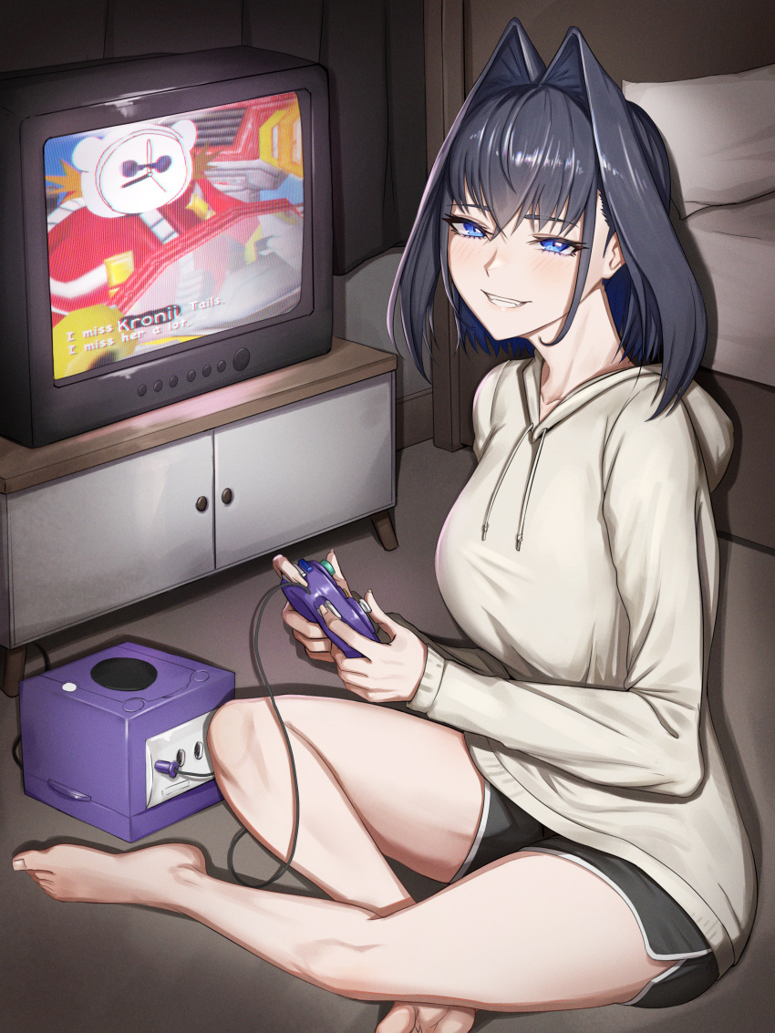 absurdres barefoot bed black_shorts blue_eyes blue_hair breasts dr._eggman feet female game_console gamecube gamecube_controller grey_hoodie highres hololive hololive_english hood hoodie large_breasts legs long_hair looking_at_viewer ouro_kronii short_shorts shorts smile snapcube solo sonic_(series) television toenails toes virtual_youtuber zenya