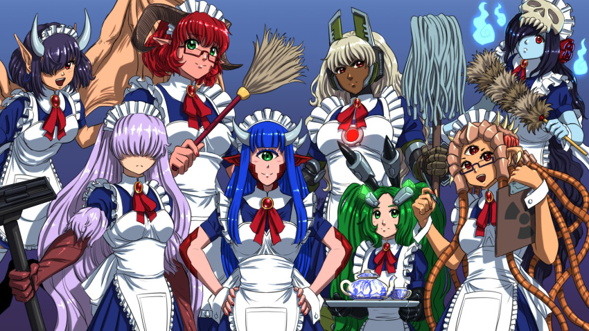 6+girls :d baron_of_hell bfg_9000_(personification) black-framed_eyewear black_hair blonde_hair blood_(game) blue_hair blue_skin brooch broom cacodemon colored_skin commentary covered_eyes cup cyclops dark-skinned_female dark_skin demon_girl doom_(series) doom_eternal duke_nukem_3d duster english_commentary extra_eyes frown glasses green-framed_eyewear green_eyes green_hair hair_over_eyes hair_over_one_eye hands_on_own_hips highres hitodama holding holding_notepad holding_pen horns jewelry light_purple_hair long_hair looking_at_viewer maid maid_headdress mechanical_arms monster_girl mop multiple_girls nail_polish neck_ribbon notepad one-eyed pen personification phantasm_(blood) pointy_ears quake radiation_symbol red_eyes red_hair red_nails red_ribbon ribbon scales semi-rimless_eyewear shambler short_hair short_sleeves skull_on_head smile substance20 teapot tentacle_hair third_eye tray under-rim_eyewear vacuum_cleaner wings wrist_cuffs