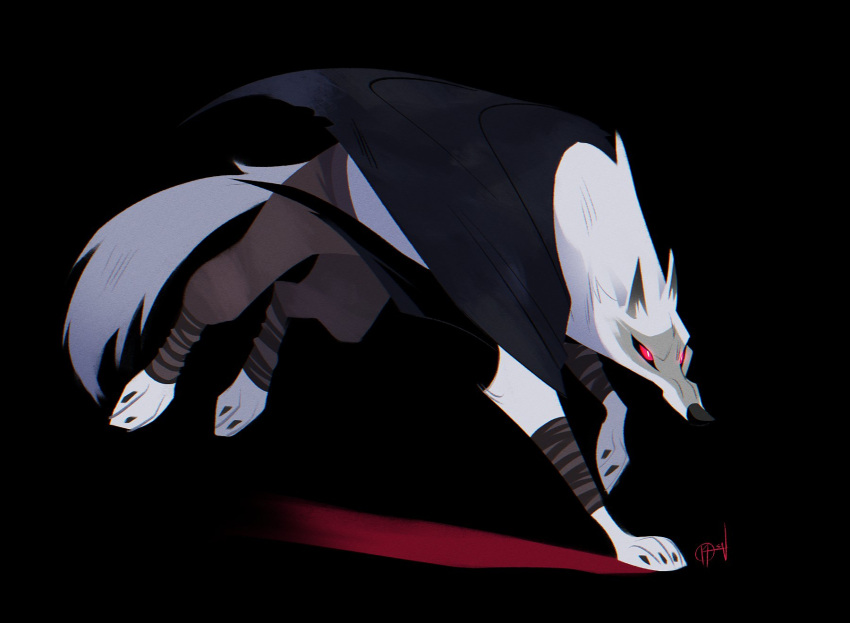 2023 black_background black_sclera bottomwear canid canine canis cloak clothing death_(puss_in_boots) digital_media_(artwork) dreamworks feral fur grey_body grey_fur hi_res krossan_(artist) lineless male mammal pants puss_in_boots_(dreamworks) quadruped red_eyes simple_background solo white_body white_fur wolf