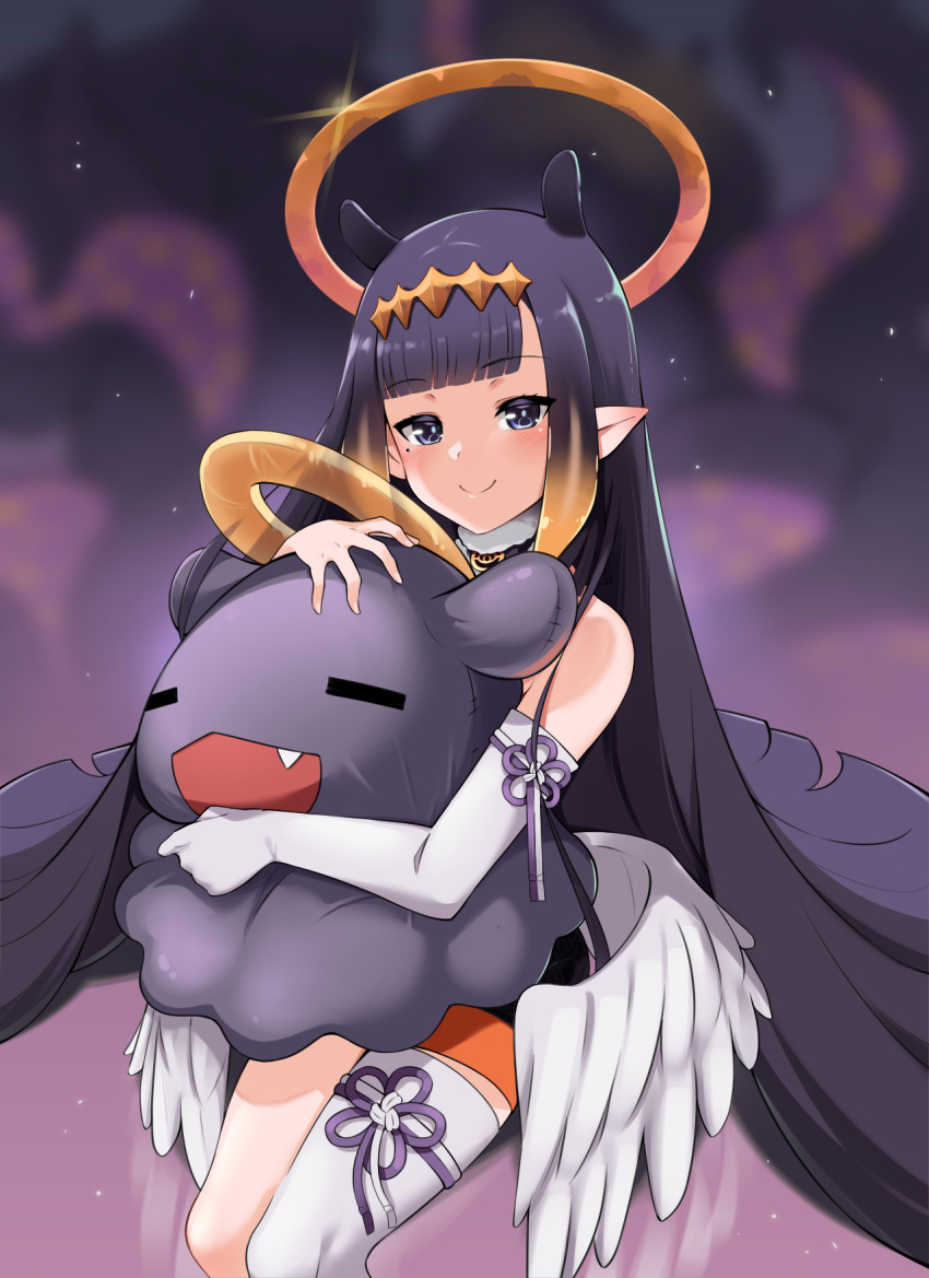 blunt_bangs choker commentary detached_sleeves diamond_hairband elbow_gloves female fur-trimmed_choker fur_choker fur_trim gloves gradient_hair halo highres holding holding_stuffed_toy hololive hololive_english long_hair low_wings mole mole_under_eye multicolored_hair nano_(nanojyaa) ninomae_ina'nis ninomae_ina'nis_(1st_costume) orange_hair pointy_ears purple_hair sidelocks single_elbow_glove single_glove single_thighhigh sitting smile stuffed_toy takodachi_(ninomae_ina'nis) tentacle tentacle_hair thighhighs very_long_hair virtual_youtuber white_gloves white_legwear wings