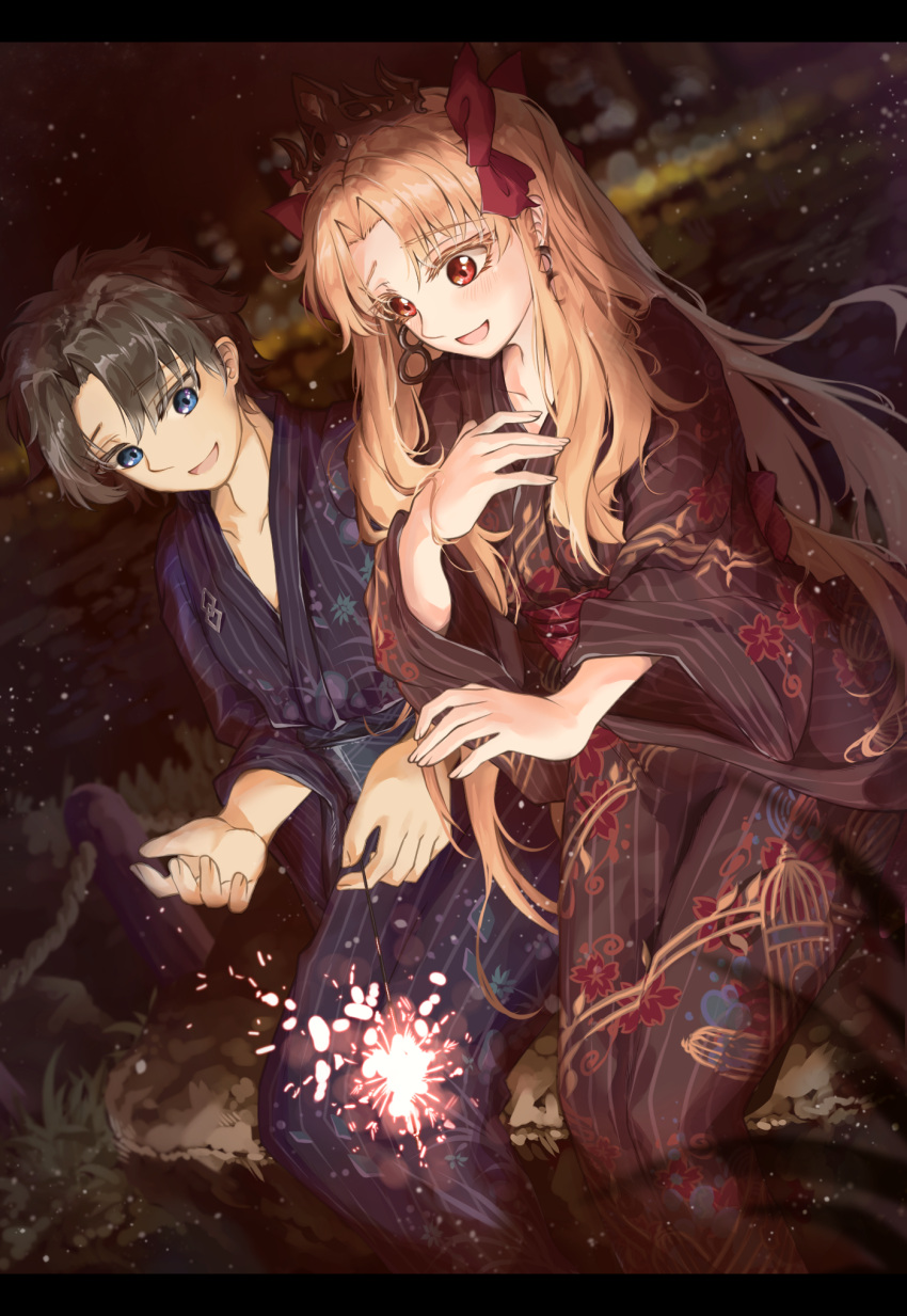 1boy :d alternate_costume black_kimono blonde_hair blue_eyes bow brown_hair chaldea_logo collarbone commentary day dutch_angle earrings ereshkigal_(fate) fate/grand_order fate_(series) female floating_hair floral_print fujimaru_ritsuka_(male) hairbow highres japanese_clothes jewelry kimono long_hair long_sleeves night open_mouth outdoors print_kimono red_bow red_eyes ru_251 sitting smile very_long_hair wide_sleeves yukata