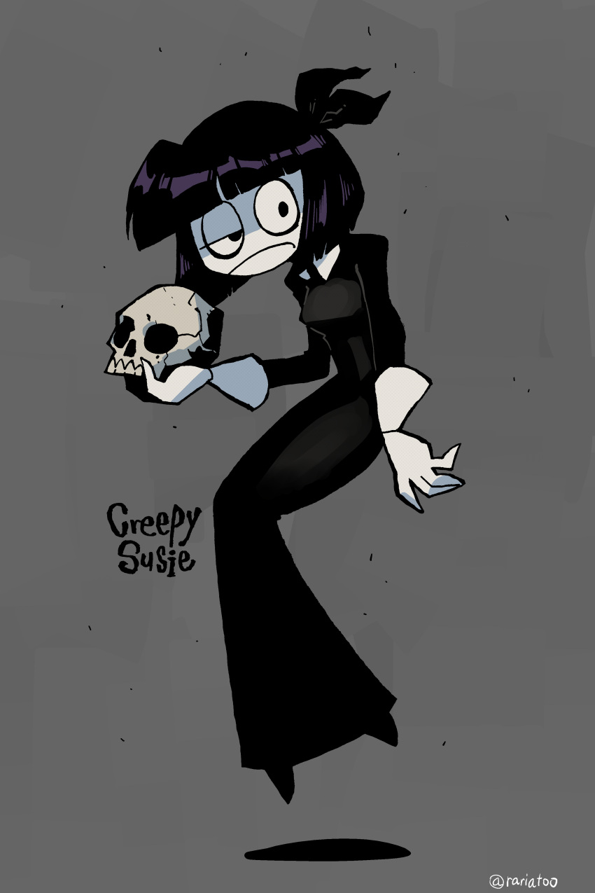 absurdres black_dress black_eyes black_hair blunt_bangs closed_mouth creepy_suzie dress female floating full_body gloves grey_background half-closed_eye highres holding holding_skull long_dress long_sleeves looking_at_viewer pale_skin rariatto_(ganguri) sanpaku simple_background skull solo the_oblongs twitter_username white_gloves