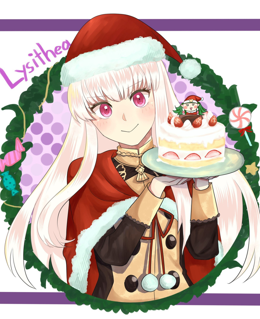 cake candy cape character_name closed_mouth commentary_request female fire_emblem fire_emblem:_three_houses food fruit fur_trim garreg_mach_monastery_uniform hat highres holding long_hair long_sleeves lysithea_von_ordelia otokajife pink_eyes pom_pom_(clothes) protected_link red_hat santa_hat smile solo sothis_(fire_emblem) strawberry uniform upper_body white_hair