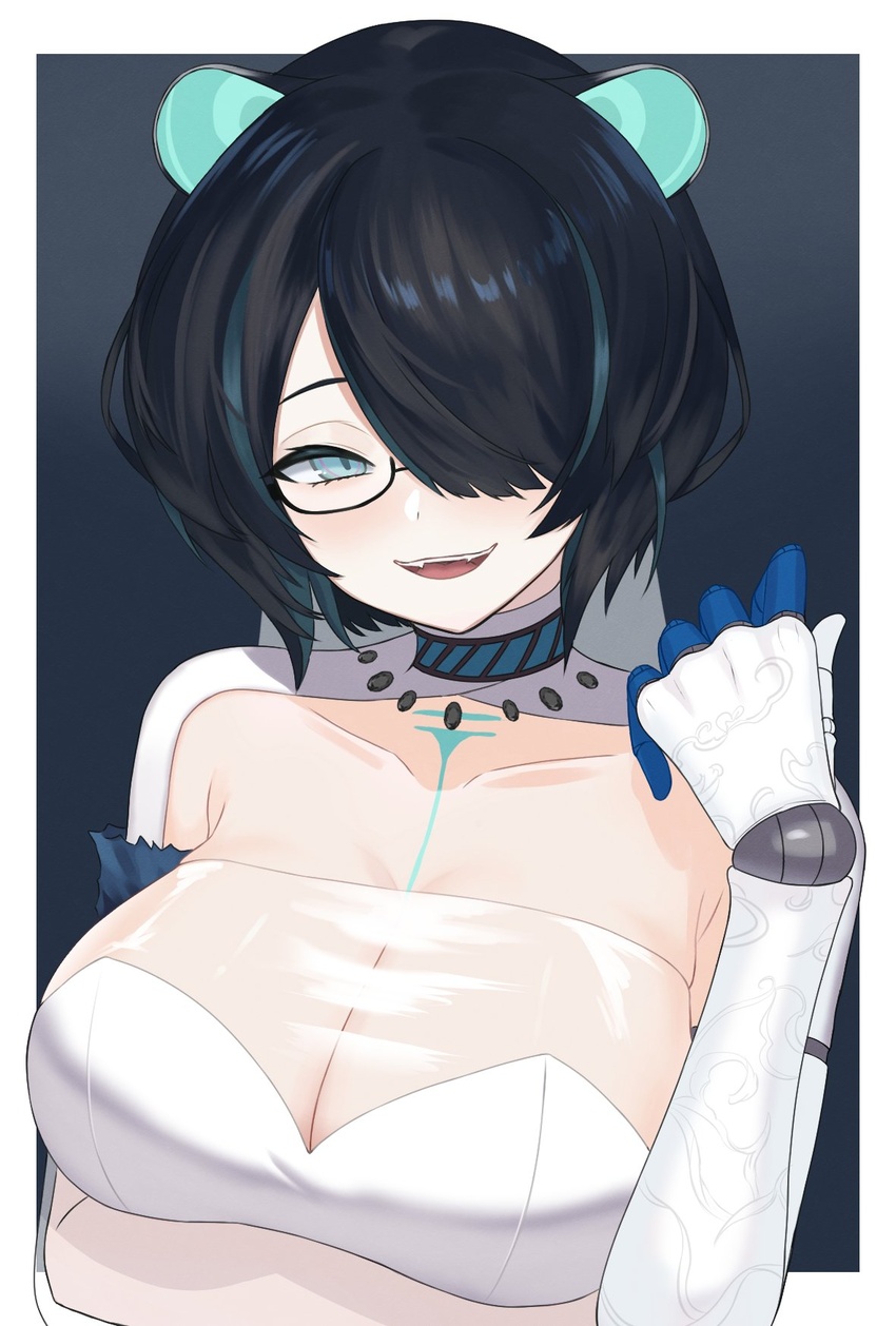 android black-framed_eyewear black_hair blue_eyes border breasts cleavage collarbone commentary english_commentary erina_makina female glasses green_hair highres large_breasts lazycoffee_(wyen_iscordo) looking_to_the_side mechanical_arms multicolored_hair phase_connect portrait_(object) see-through see-through_cleavage semi-rimless_eyewear short_hair smile solo streaked_hair under-rim_eyewear virtual_youtuber