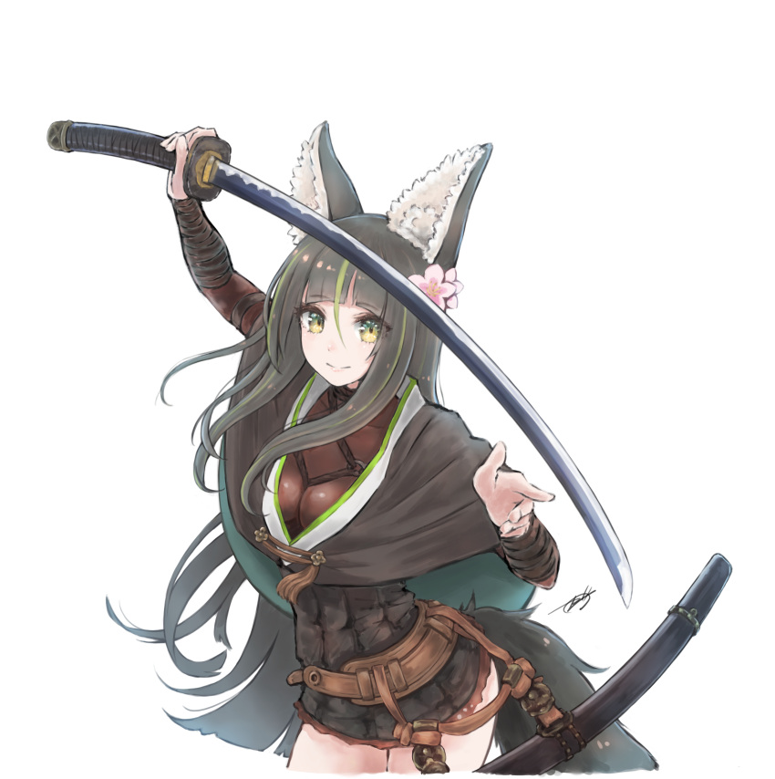 absurdres animal_ears arms_up bellflower black_hair blunt_bangs cape closed_mouth female flower fox_ears fox_girl fox_tail from_side hair_flower hair_ornament highres holding holding_weapon katana kitsunegasaki_tametsugu_(tenka_hyakken) light_smile long_hair scabbard sheath solo sword tail tenka_hyakken weapon white_background zeni_maru