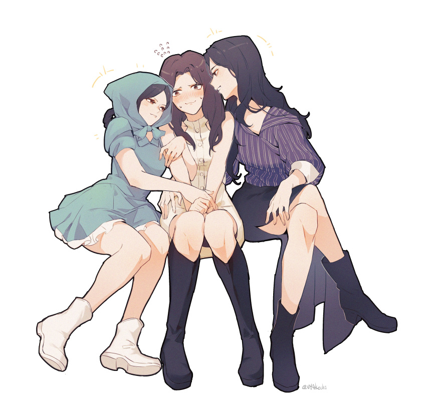 3girls :3 absurdres akechi_(826988799) black_dress black_footwear black_hair black_skirt blush bonnet boots brown_eyes chinese_commentary commentary_request dress dual_persona eunseo_(wjsn) exy_(wjsn) girl_sandwich green_dress halter_dress halterneck highres invisible_chair k-pop long_hair looking_down medium_hair multiple_girls nervous ponytail purple_shirt real_life sandwiched shirt sitting skirt smile straight-on striped_clothes striped_shirt sweat v-shaped_eyebrows vertical_stripes very_long_hair white_footwear wjsn yuri