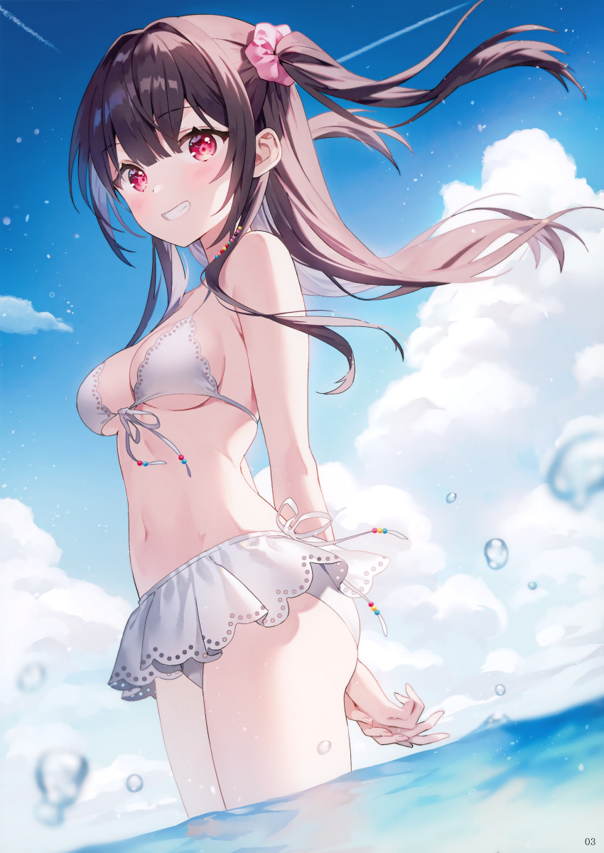 absurdres ancotaku arms_behind_back bare_shoulders bikini bikini_skirt blue_sky breasts brown_hair cleavage cloud cloudy_sky cumulonimbus_cloud day female front-tie_bikini_top front-tie_top gradient_sky hair_ornament hair_scrunchie highres long_hair looking_at_viewer medium_breasts navel ocean original outdoors page_number red_eyes scan scrunchie sky smile solo standing stomach swimsuit thighs twintails wading water water_drop white_bikini