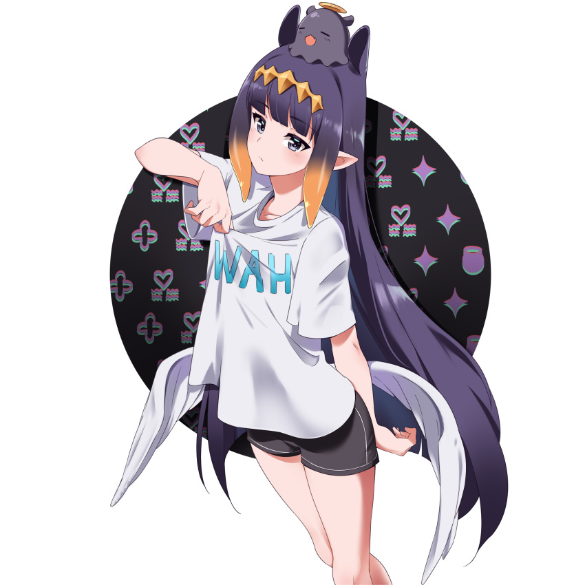 alternate_costume blunt_bangs blush diamond_hairband female gradient_hair halo highres hololive hololive_english long_hair low_wings multicolored_hair nano_(nanojyaa) ninomae_ina'nis on_head orange_hair pointy_ears purple_eyes purple_hair shirt shorts sidelocks t-shirt takodachi_(ninomae_ina'nis) tentacle_hair very_long_hair virtual_youtuber white_background white_shirt wings