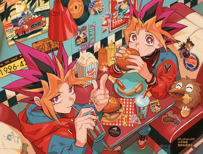 2boys burger commentary counter diner drinking_straw english_commentary food french_fries fujiharu_(akamine) highres looking_at_viewer looking_up male_focus menu multiple_boys muto_yugi napkin napkin_holder restaurant salt_shaker table yami_yugi yu-gi-oh! yu-gi-oh!_duel_monsters