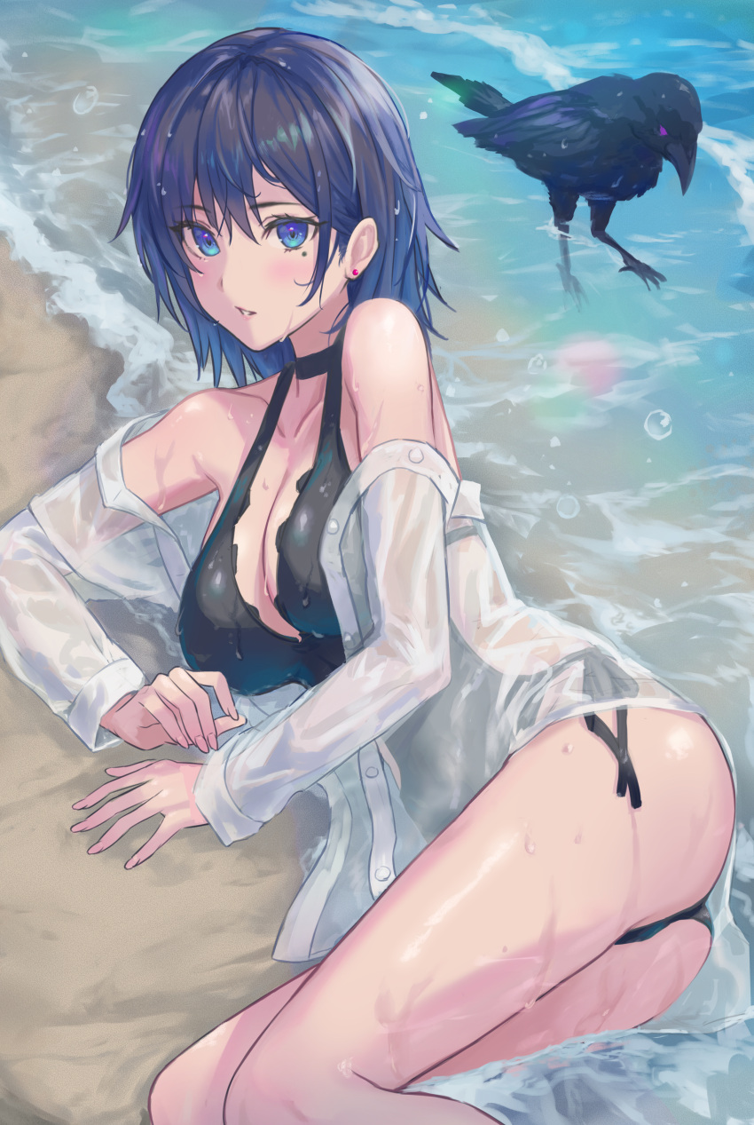 absurdres ass bare_shoulders beach bird black_choker black_one-piece_swimsuit blue_eyes blue_hair blush breasts casual_one-piece_swimsuit choker cleavage collarbone crow earrings enporion feet_out_of_frame female highres jewelry large_breasts long_sleeves looking_at_viewer lying mole mole_under_eye off_shoulder on_ground on_side one-piece_swimsuit open_clothes open_shirt original outdoors parted_lips see-through shirt short_hair smile solo stud_earrings swimsuit swimsuit_under_clothes thighs unbuttoned unbuttoned_shirt water wet wet_clothes wet_shirt white_shirt