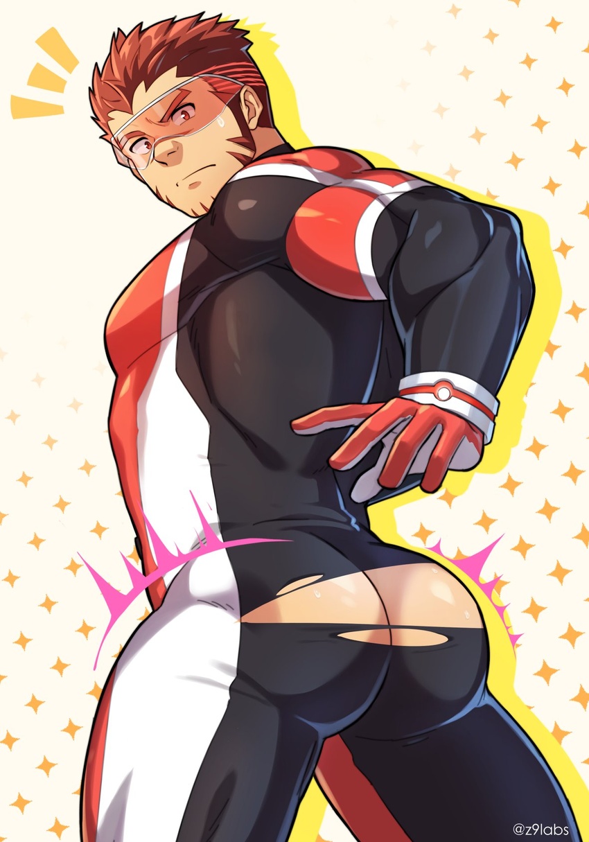 1boy akashi_(live_a_hero) ass ass_focus bara bodysuit facial_hair from_behind gloves goatee gradient_hair highres live_a_hero long_sideburns looking_back male_focus multicolored_hair muscular muscular_male pectorals red_bodysuit red_eyes red_hair short_hair sideburns skin_tight solo superhero_costume thick_eyebrows thick_thighs thighs tight_clothes torn_bodysuit torn_clothes zink_(zink_mchn)