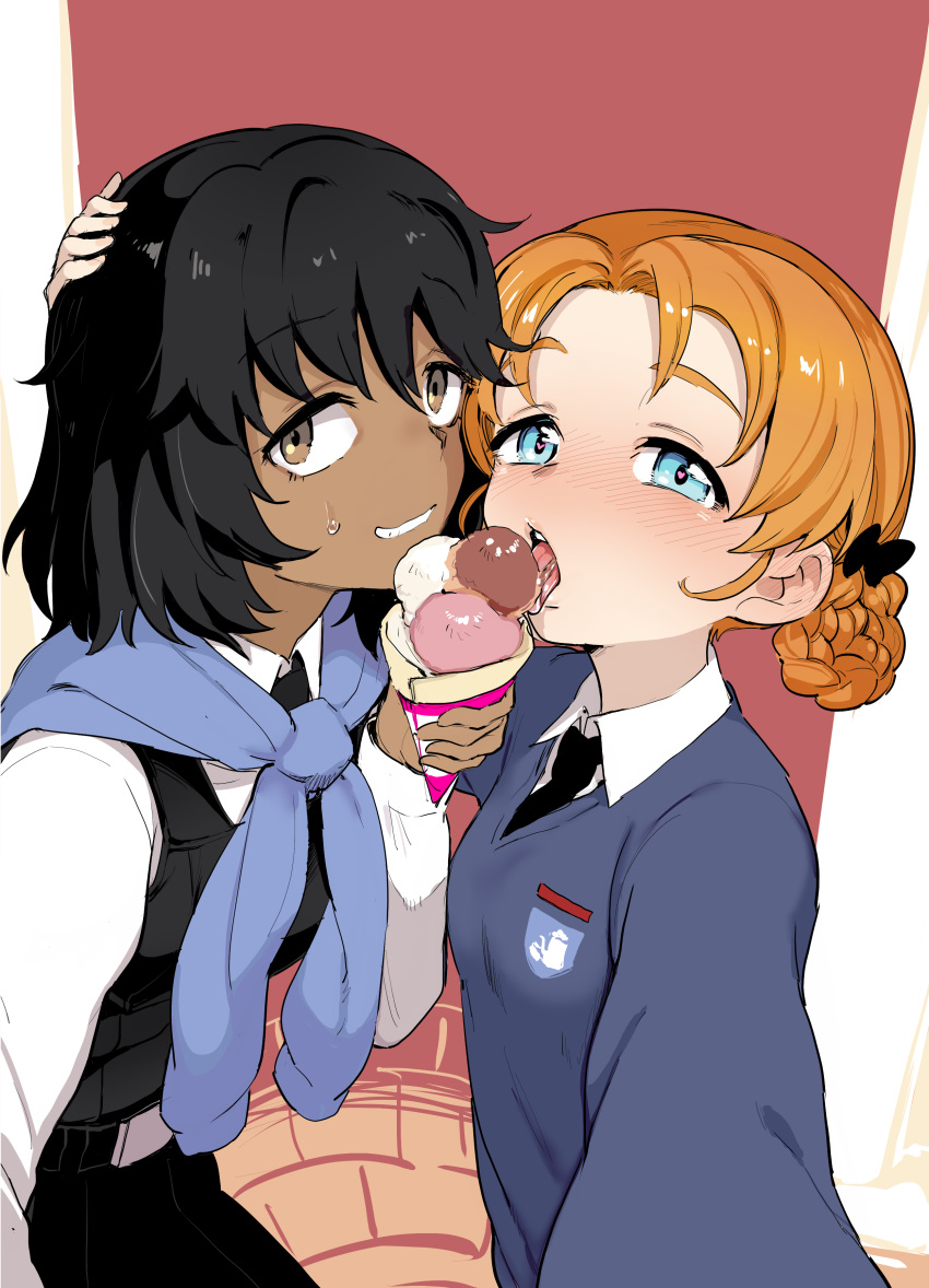 2girls absurdres andou_(girls_und_panzer) aomushi_(mushamusha) bc_freedom_school_uniform black_bow black_hair black_vest blue_eyes blue_sweater blush bow braid brown_eyes collared_shirt commentary_request dark-skinned_female dark_skin food girls_und_panzer hairbow hand_on_another's_head heart heart_in_eye highres ice_cream licking long_sleeves looking_at_viewer multiple_girls orange_hair orange_pekoe_(girls_und_panzer) school_uniform sexually_suggestive shirt smile st._gloriana's_school_uniform sweater symbol_in_eye tongue tongue_out triple_scoop vest white_shirt yuri