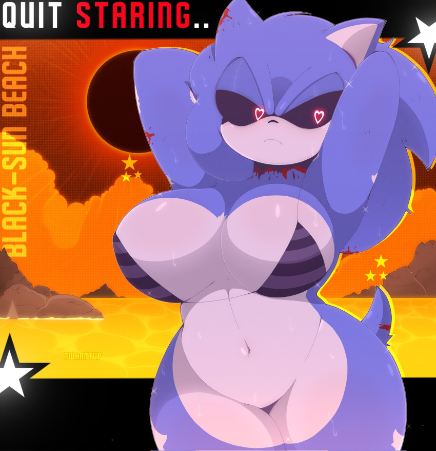 anthro beach big_breasts bodily_fluids bottomless breasts clothed clothing creepypasta eulipotyphlan exe_(revie) fan_character female friday_night_funkin' hands_behind_back heart_eyes heart_symbol hedgehog hi_res looking_away mammal navel rule_63 sea seaside sega solo sonic.exe sonic.exe_(creepypasta) sonic_the_hedgehog sonic_the_hedgehog_(series) sweat twhattup vs._sonic.exe_(fnf_mod) water