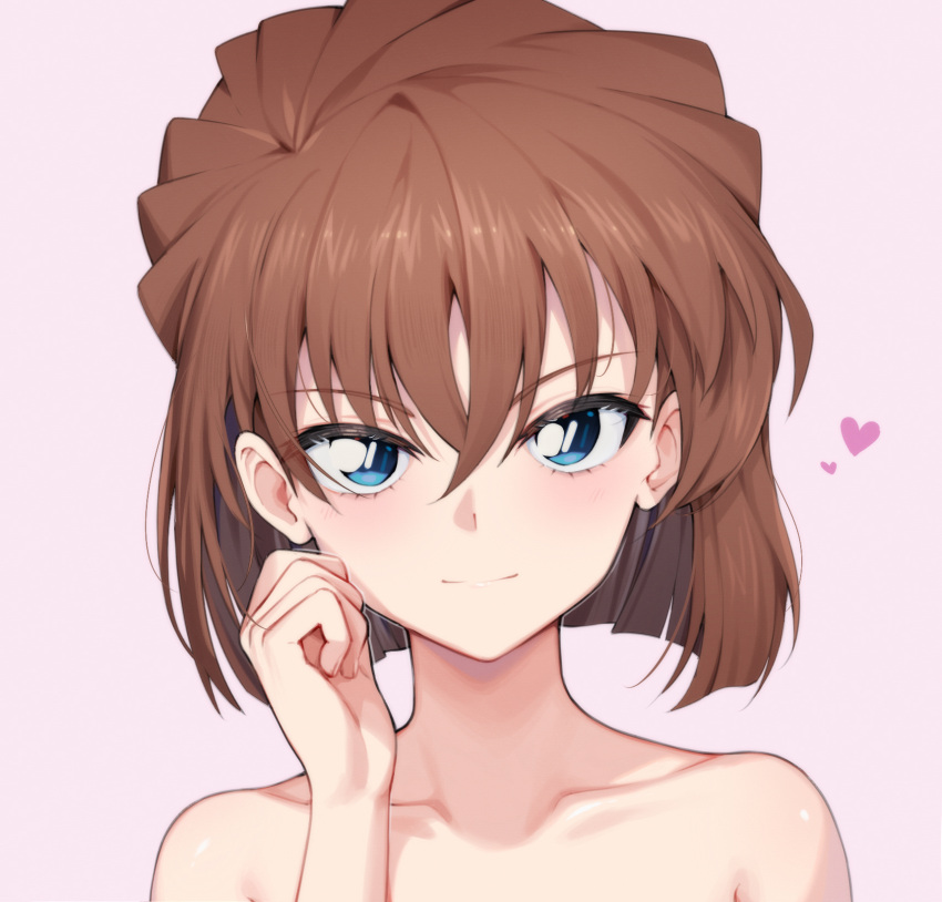 blue_eyes brown_hair closed_mouth female haibara_ai hair_between_eyes hand_up heart highres looking_at_viewer meitantei_conan portrait short_hair simple_background smile solo taro_(ultrataro) white_background