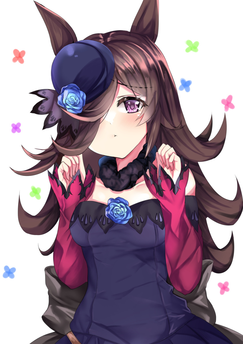 :t animal_ears blue_flower blue_hat blue_rose blush breasts brown_hair commentary dress female flower hair_over_one_eye hat hat_flower highres horse_ears horse_girl long_hair looking_at_viewer off-shoulder_dress off_shoulder open_mouth purple_dress purple_eyes red_sleeves rice_shower_(umamusume) rose setu_(shining12) solo umamusume upper_body white_background