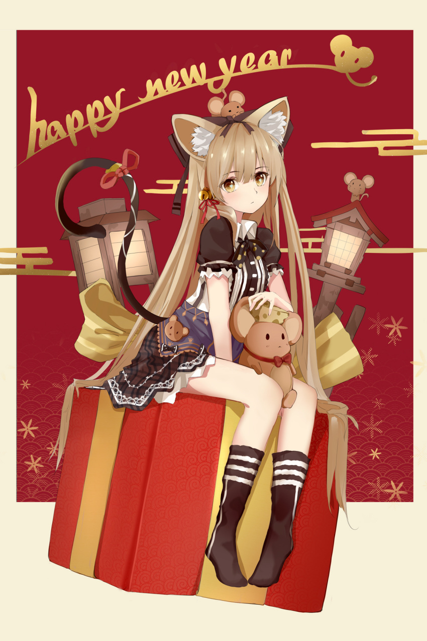 amco animal_ears bad_id bad_pixiv_id black_dress black_socks brown_eyes commentary dress female hair_ribbon happy_new_year highres kneehighs long_hair looking_at_viewer mouse_(animal) mouse_ears mouse_tail new_year original red_ribbon ribbon short_sleeves sitting socks solo tail tail_ornament tail_ribbon