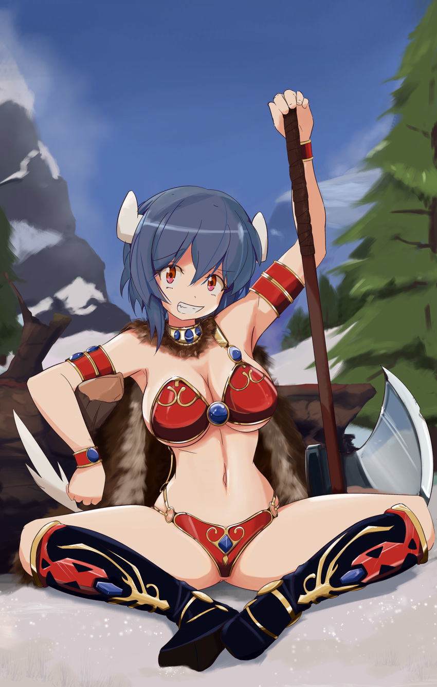 absurdres arm_rest arm_up armlet armor axe bad_id bikini_armor blue_hair bracelet breasts cape cleavage commentary cosplay cow_horns cow_tail day english_commentary female full_body fur_cape greaves grin highres holding holding_axe horns jashin-chan_dropkick jewelry kahm knees_apart_feet_together large_breasts log looking_at_viewer minos_(jashin-chan_dropkick) minos_drawfag mountainous_horizon navel outdoors outlanders red_armor red_eyes short_hair sitting smile snow solo spread_legs tail tree