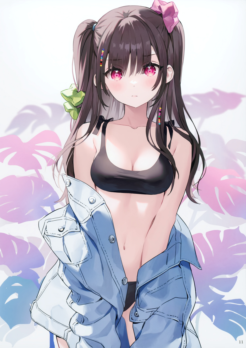 absurdres ancotaku bare_shoulders bikini black_bikini black_hair blush breasts closed_mouth collarbone female hair_ornament hair_scrunchie highres jacket lips long_hair long_sleeves looking_at_viewer medium_breasts navel off_shoulder original purple_eyes scan scrunchie solo stomach swimsuit